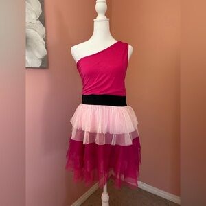 VTG Y2K pink black Barbiecore tiered high school musical ruffle toile dress L